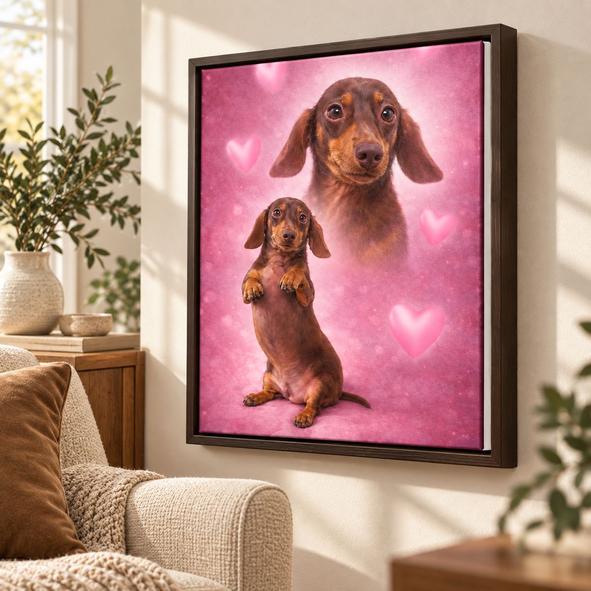 Custom Pet Portrait Pink Hearts Canvas Wall Art - framed canvas mockup