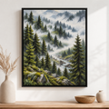 Misty Evergreen Forest and Mountain Stream Canvas Wall Art