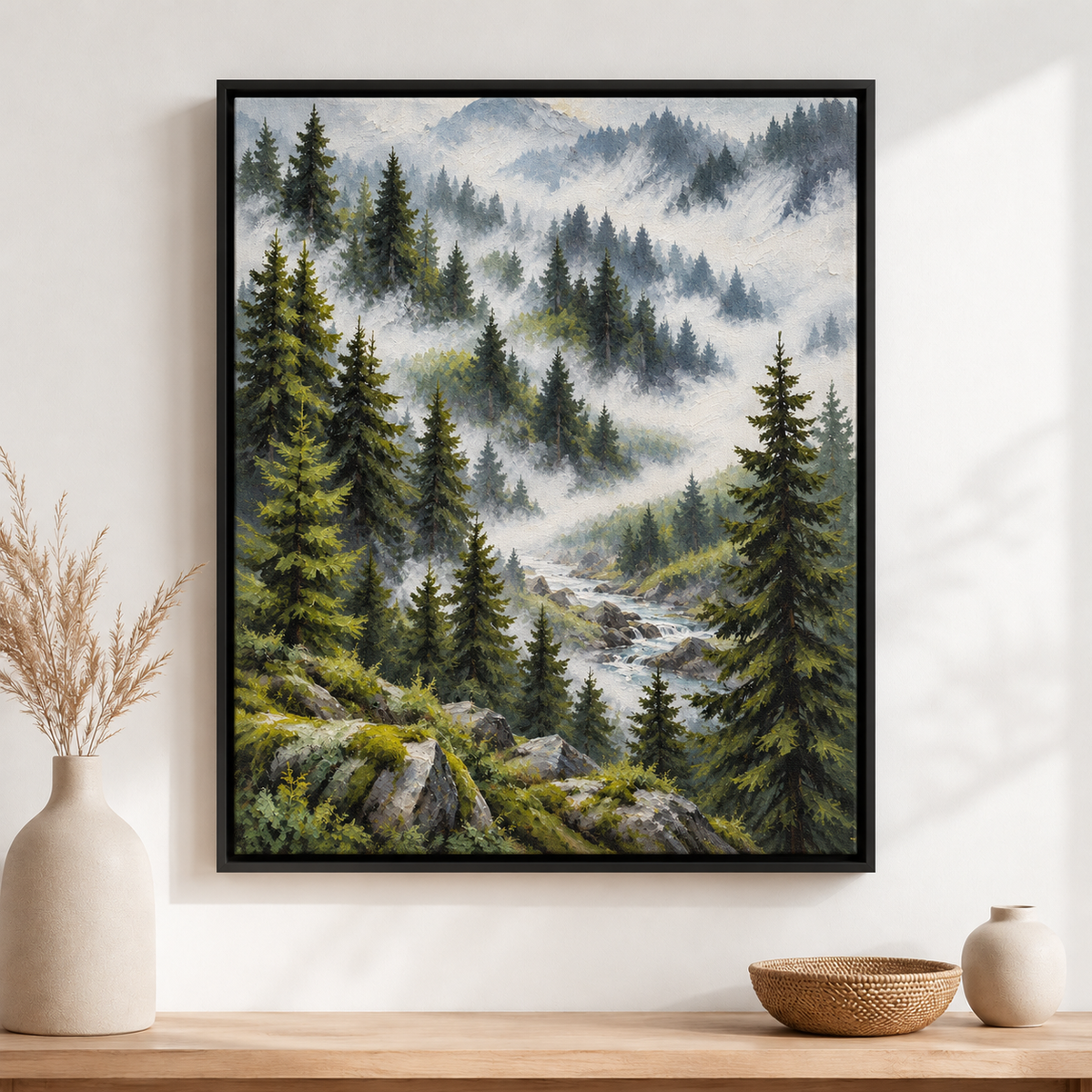 Misty Evergreen Forest and Mountain Stream Canvas Wall Art