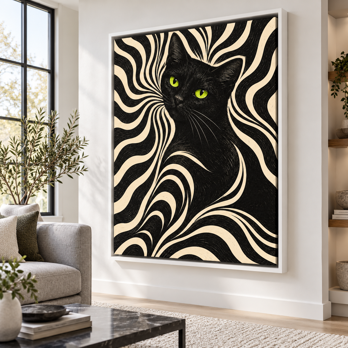 Retro Black Cat with Psychedelic Swirls Canvas Wall Art