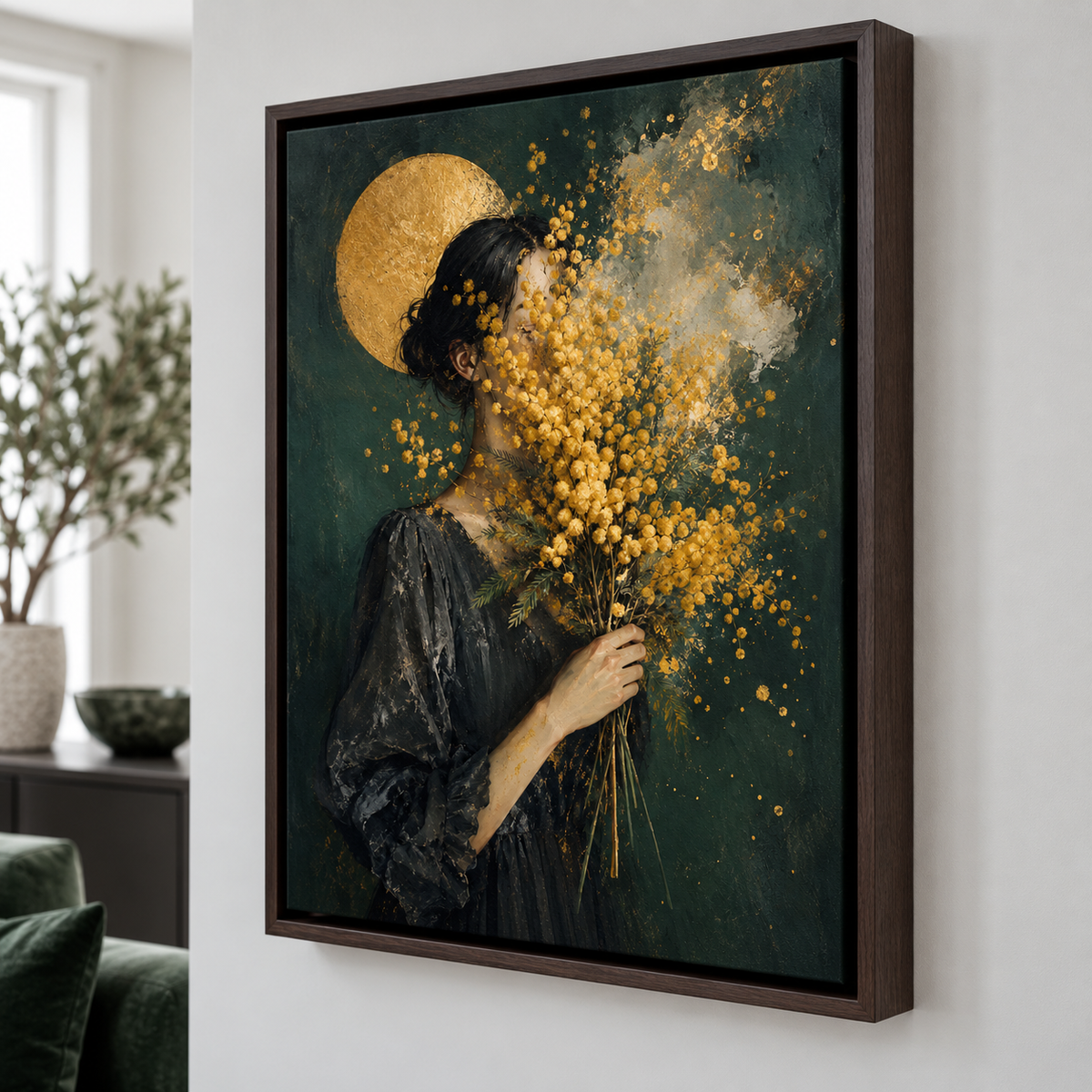 Woman with Golden Flowers Portrait Canvas Wall Art - canvas detail view 11