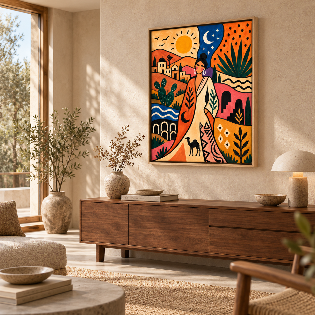 Boho Desert Woman Sun and Moon Canvas Wall Art - lifestyle room mockup