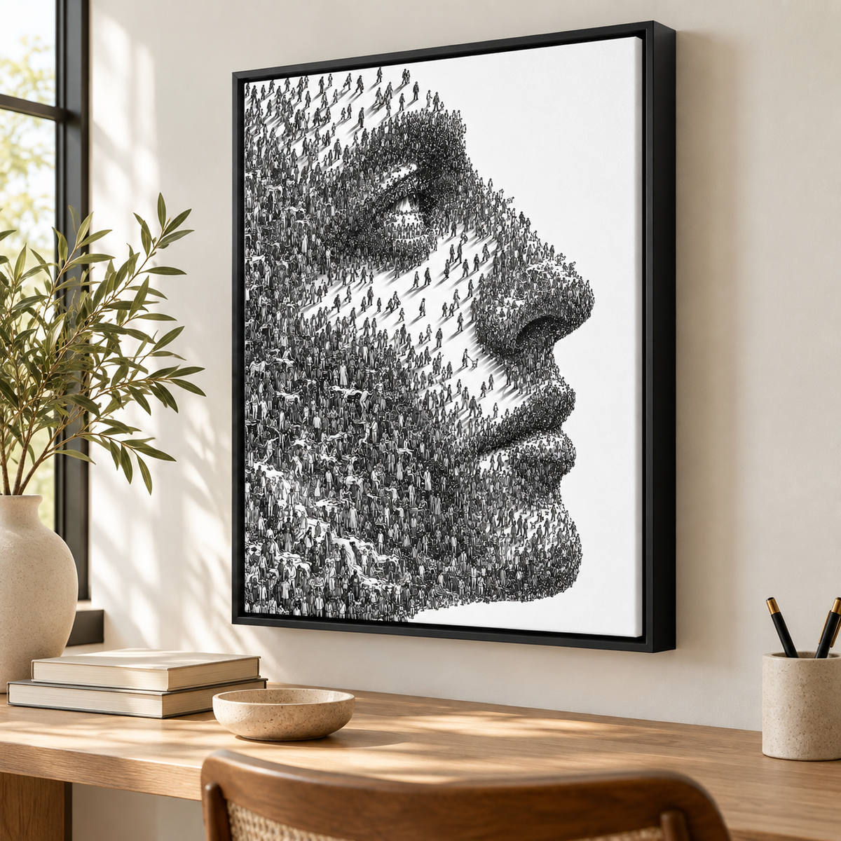Black and White Crowd Face Portrait Canvas Wall Art - canvas detail view 4