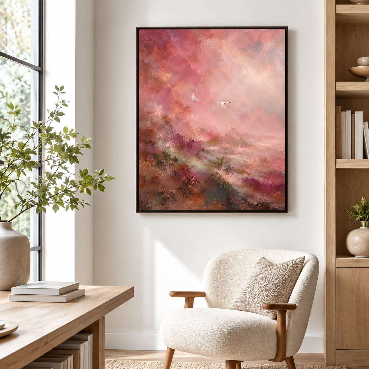 Blush Pink Abstract Landscape with Cranes Canvas Wall Art