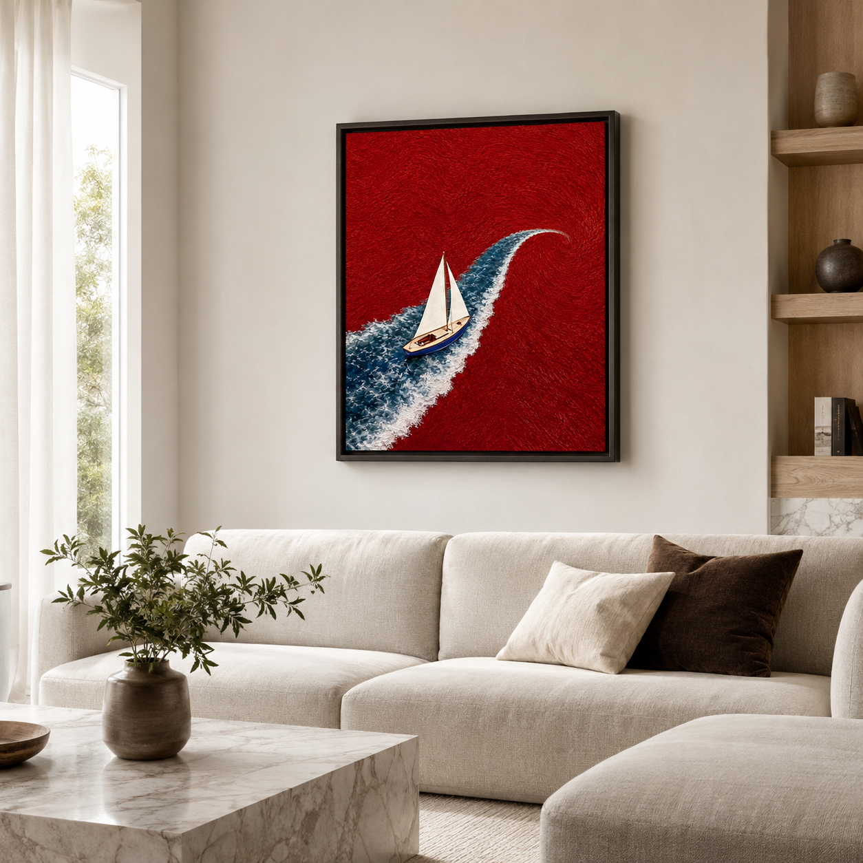 Red Ocean Sailboat Canvas Wall Art