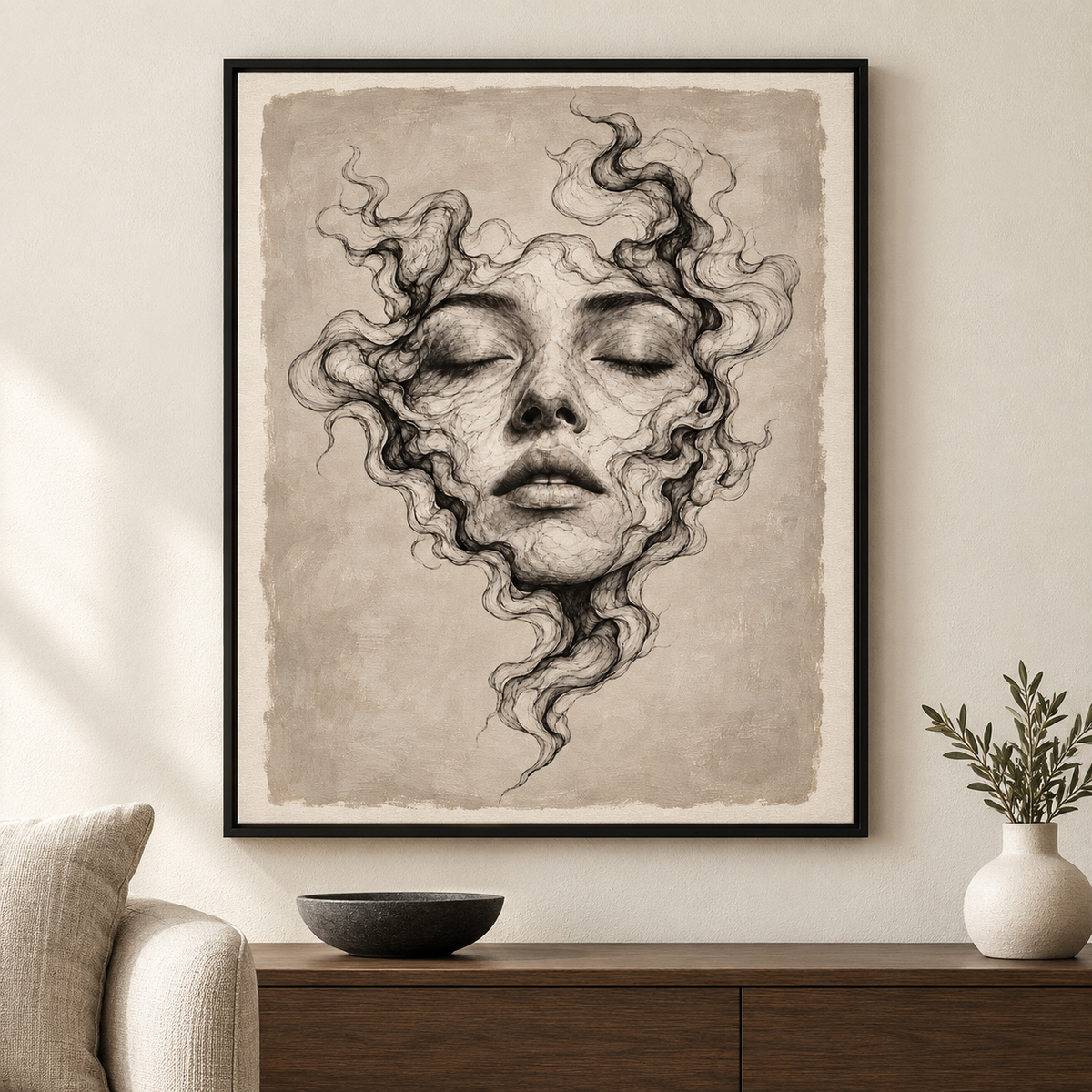 Surreal Woman Portrait Neutral Canvas Wall Art