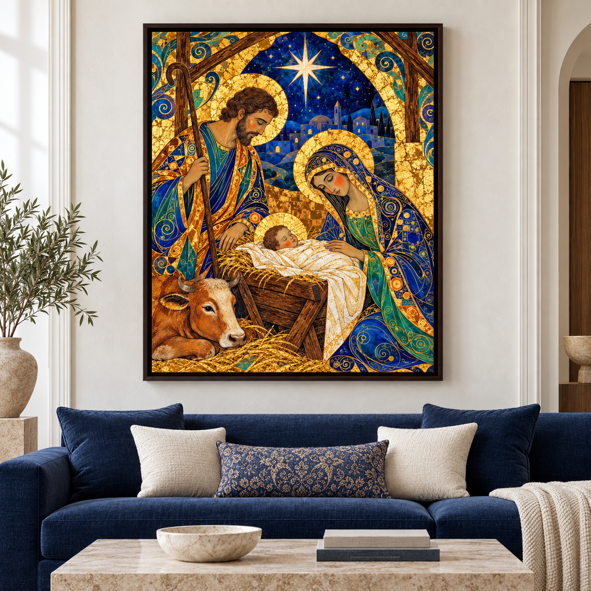 Blue and Gold Nativity Scene Canvas Wall Art - main artwork