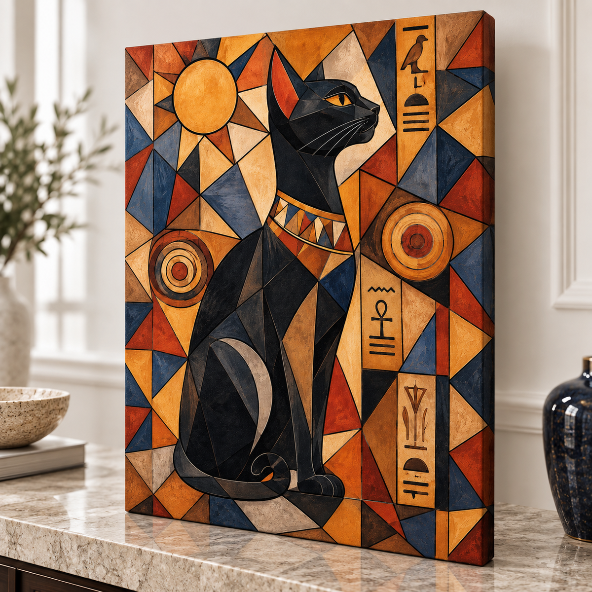Egyptian Black Cat Geometric Canvas Wall Art - canvas close-up detail
