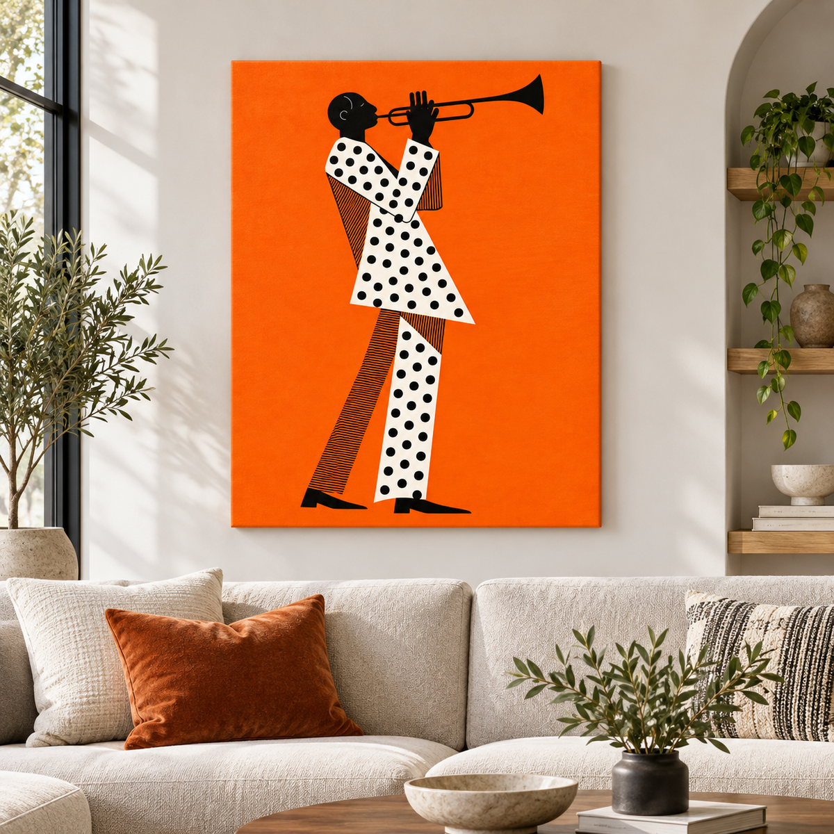 Orange Jazz Trumpet Player Canvas Wall Art - canvas close-up detail