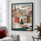 Snowy Christmas Village with Santa Sleigh Canvas Wall Art - additional room view