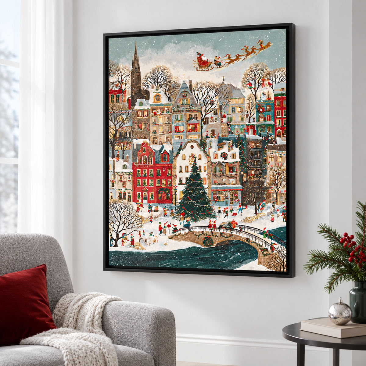 Snowy Christmas Village with Santa Sleigh Canvas Wall Art - additional room view