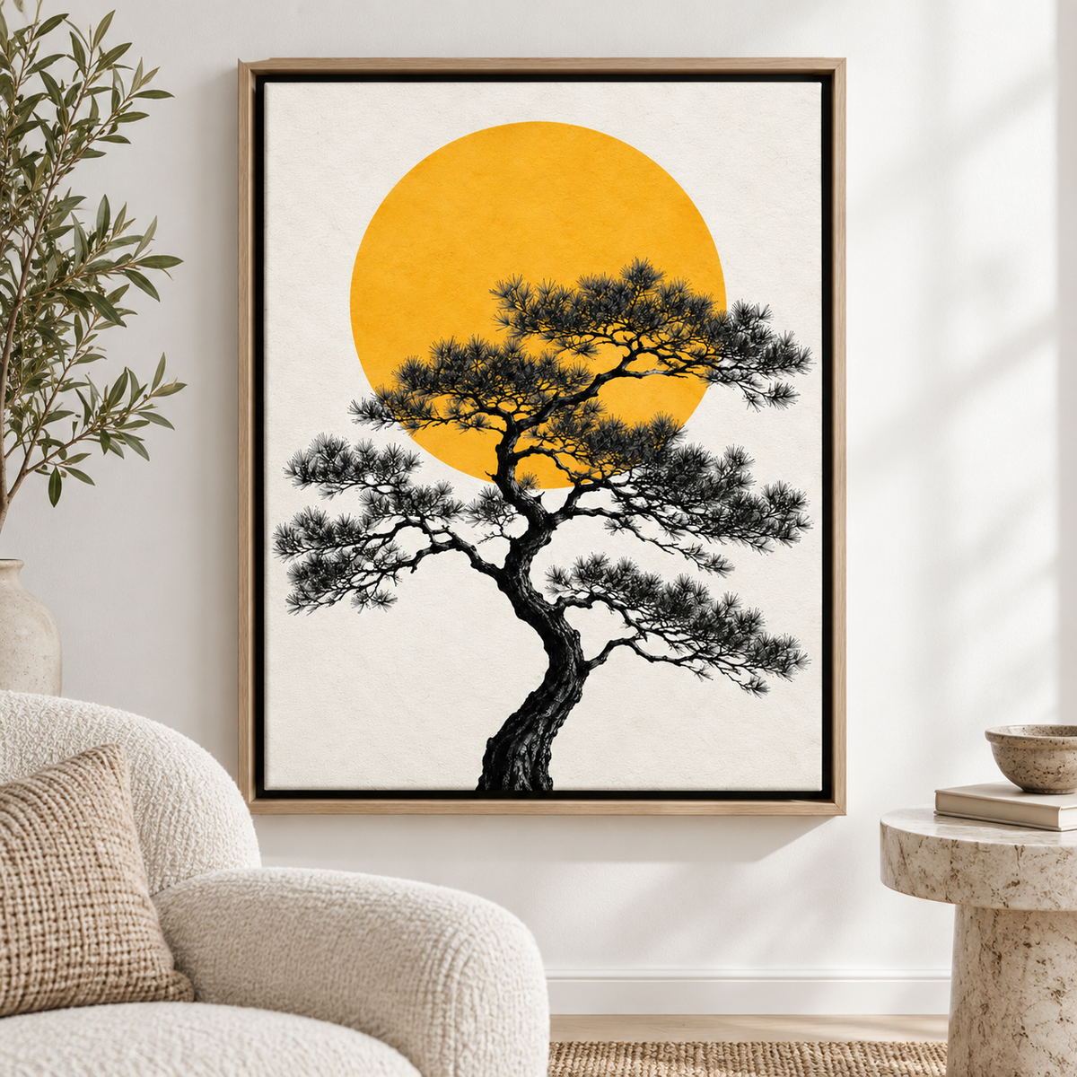 Japanese Pine Tree with Golden Sun Canvas Wall Art
