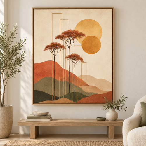 Boho Terracotta Tree Landscape Canvas Wall Art - lifestyle room mockup