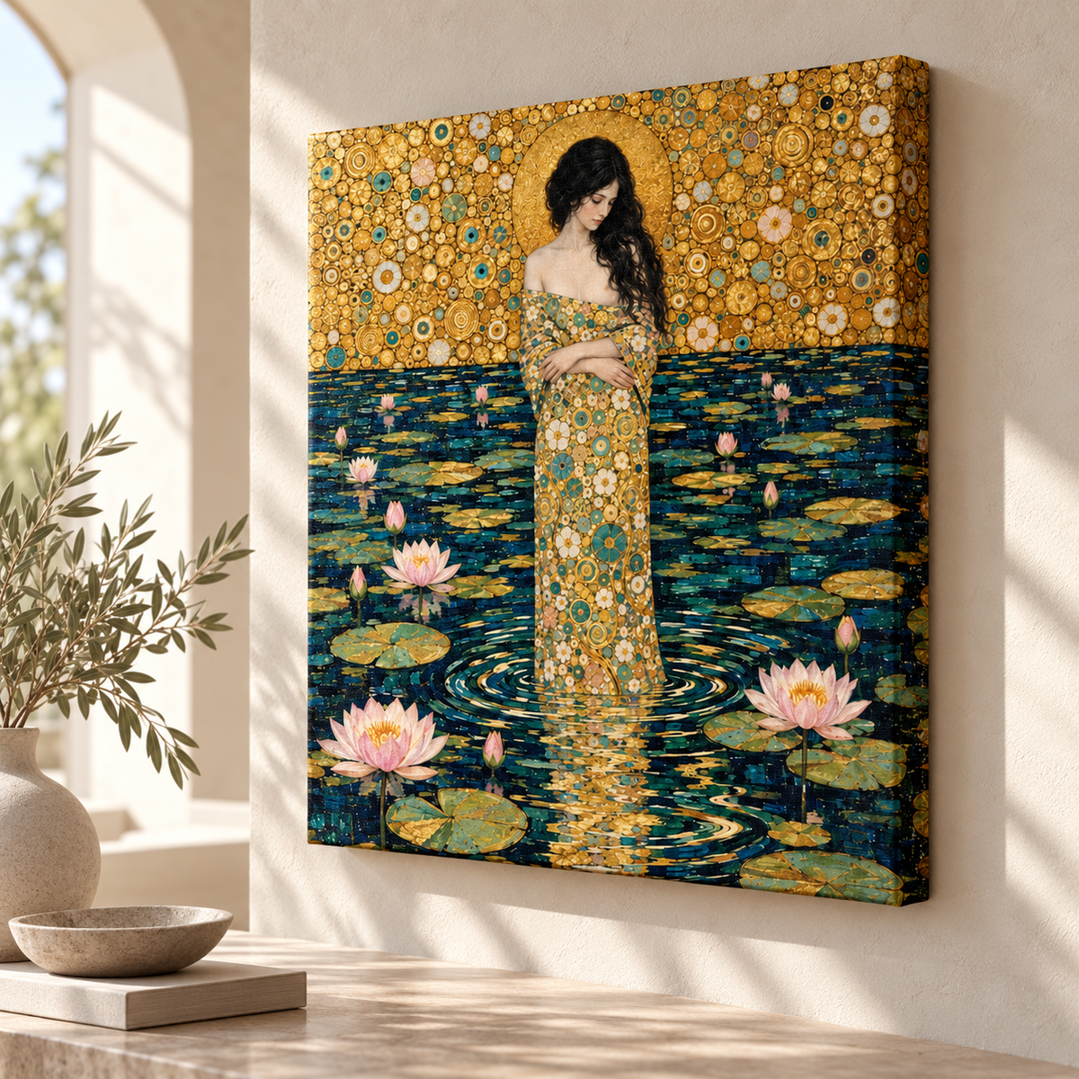 Golden Lotus Woman Art Nouveau Canvas Wall Art - canvas artwork view 5