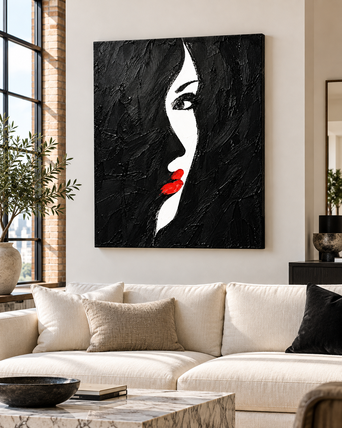 Black and White Woman Red Lips Canvas Wall Art
