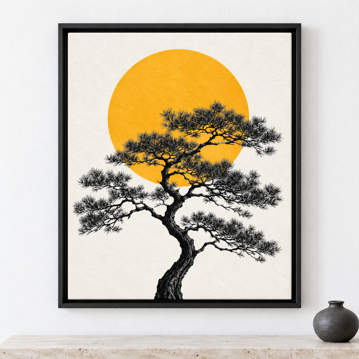 Japanese Pine Tree with Golden Sun Canvas Wall Art