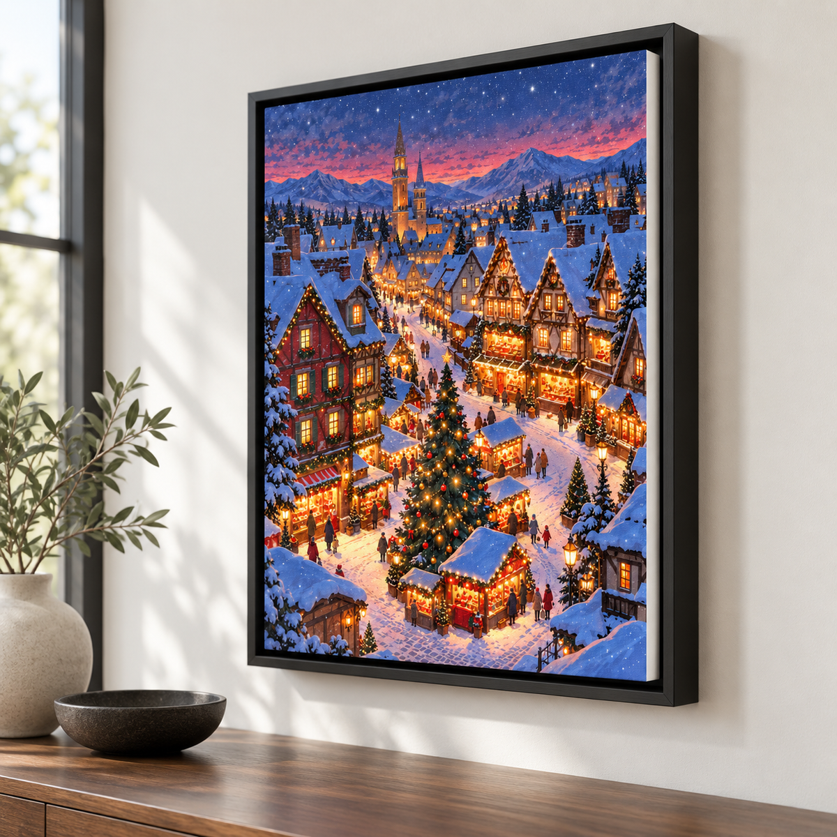Snowy Alpine Christmas Market Village Canvas Wall Art - canvas detail view 4