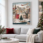 Snowy Christmas Village with Santa Sleigh Canvas Wall Art - framed display