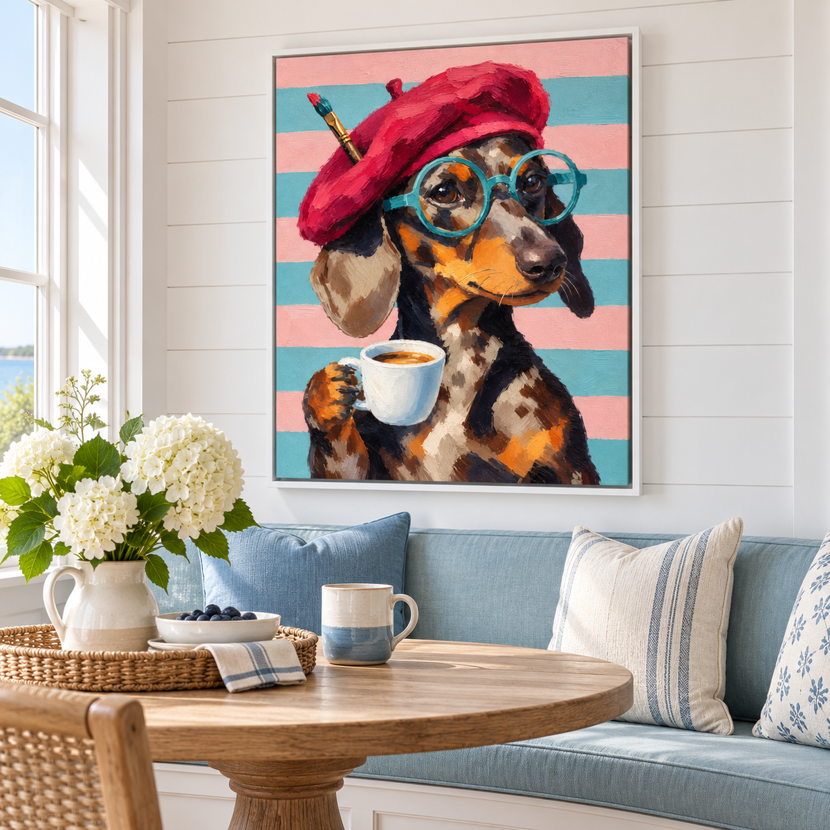 Funny Dachshund Artist with Coffee Canvas Wall Art
