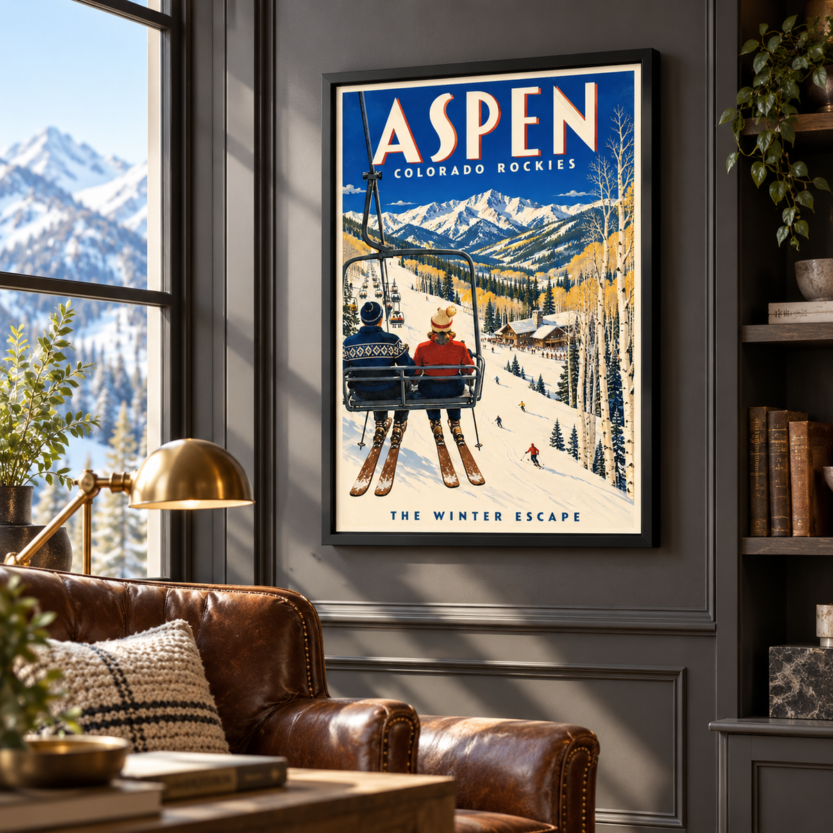 Aspen Vintage Ski Lift Canvas Wall Art - lifestyle room mockup