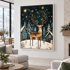 Christmas Reindeer in Snowy Village Canvas Wall Art - lifestyle room mockup