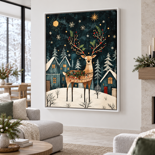 Christmas Reindeer in Snowy Village Canvas Wall Art - lifestyle room mockup