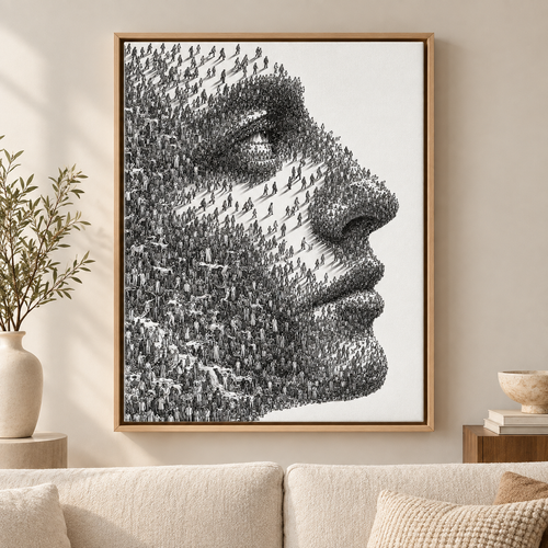 Black and White Crowd Face Portrait Canvas Wall Art - main canvas artwork