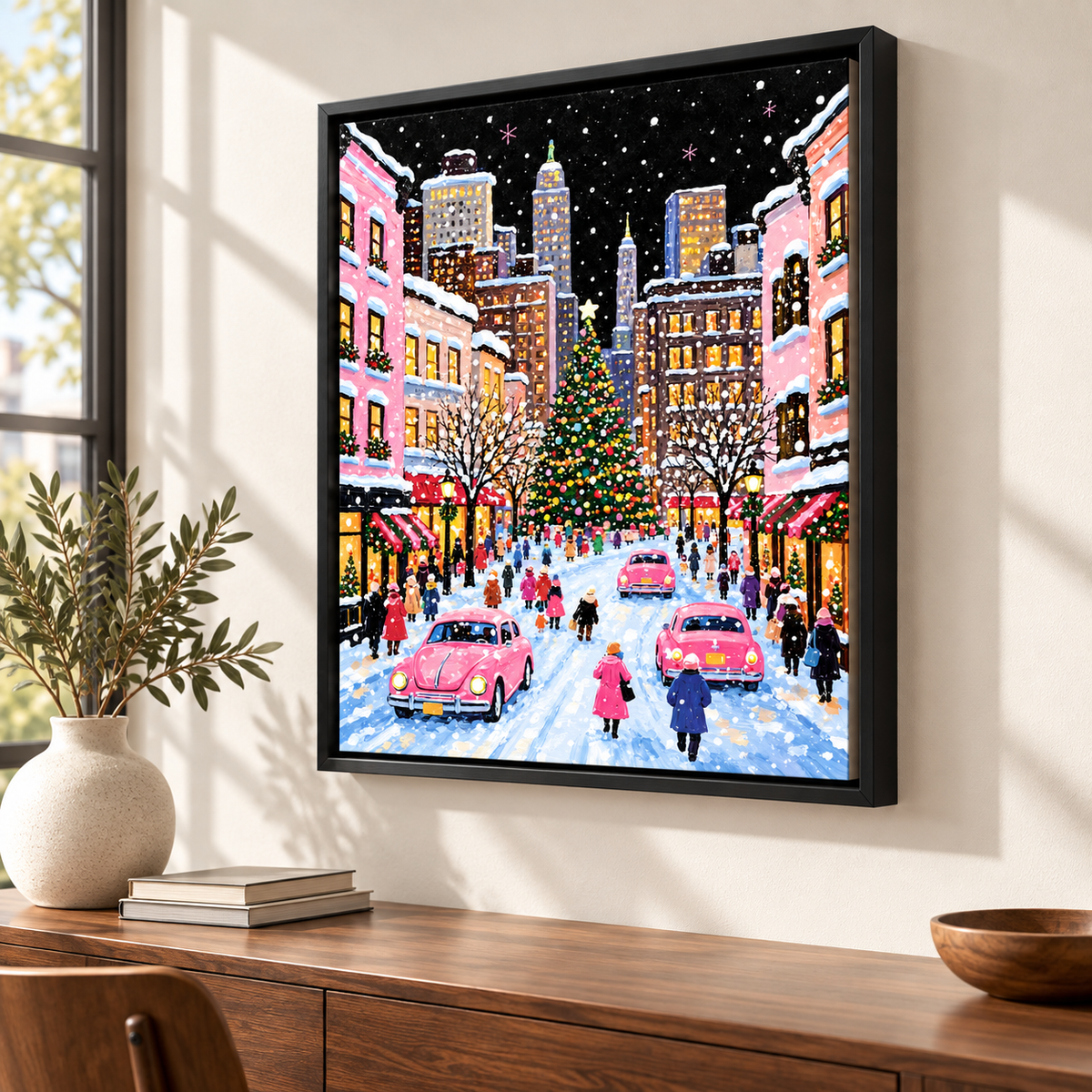 Pink Christmas City Street Canvas Wall Art - canvas detail view 4