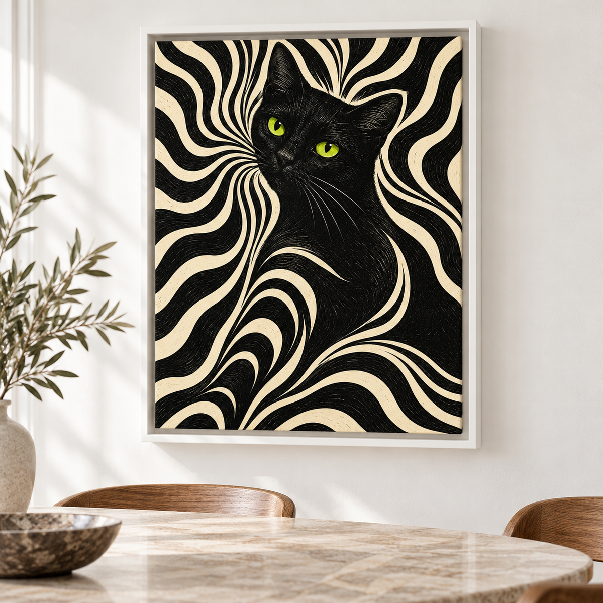 Retro Black Cat with Psychedelic Swirls Canvas Wall Art