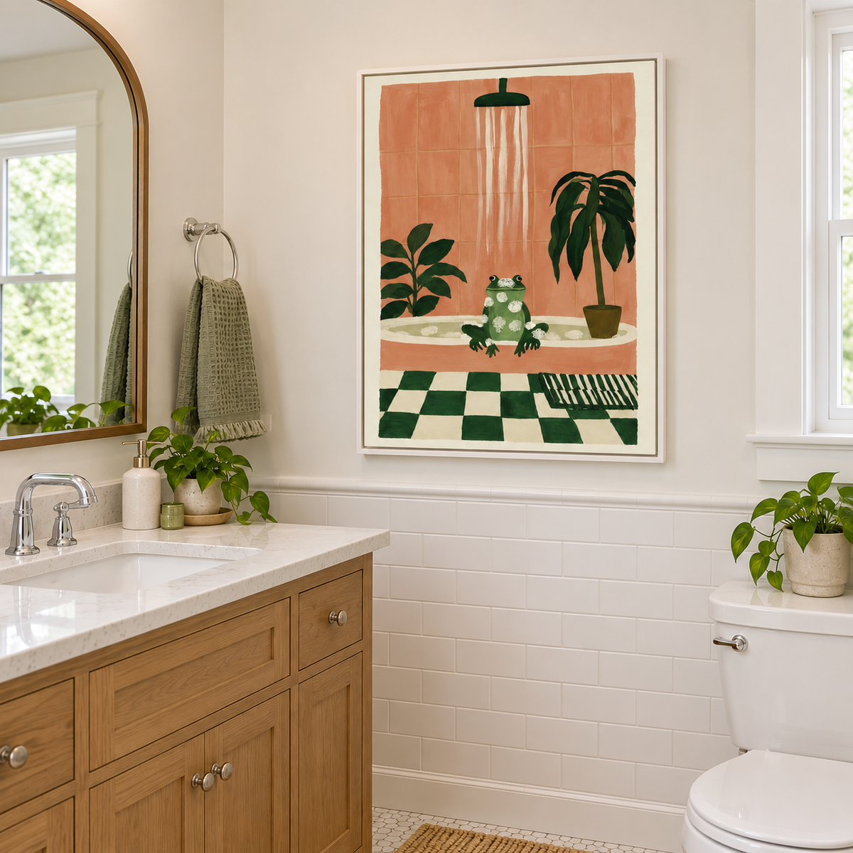 Funny Frog Bubble Bath Botanical Bathroom Canvas Wall Art