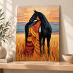 Woman and Black Horse Western Canvas Wall Art - canvas detail view 7
