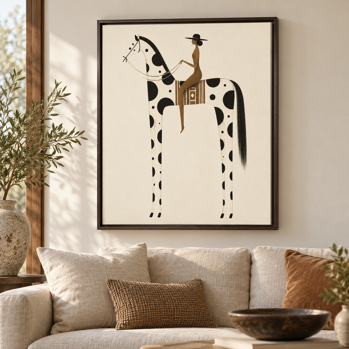 Framed wall art hanging above a beige sofa in a styled living room. The artwork shows a stylized black-and-cream horse with a rider in tan and black, enclosed in a dark frame.