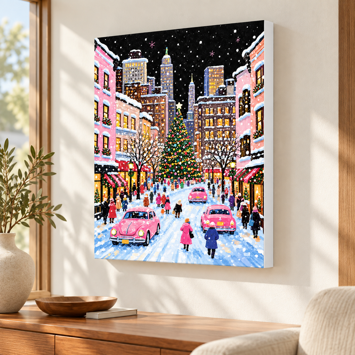 Pink Christmas City Street Canvas Wall Art - canvas detail view 7