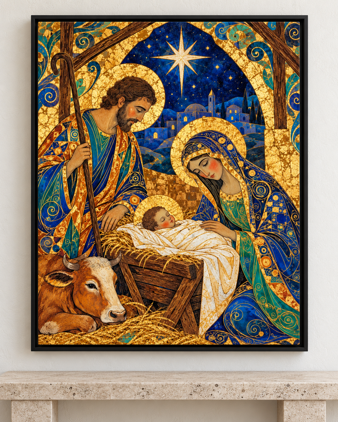 Blue and Gold Nativity Scene Canvas Wall Art - alternate framed display