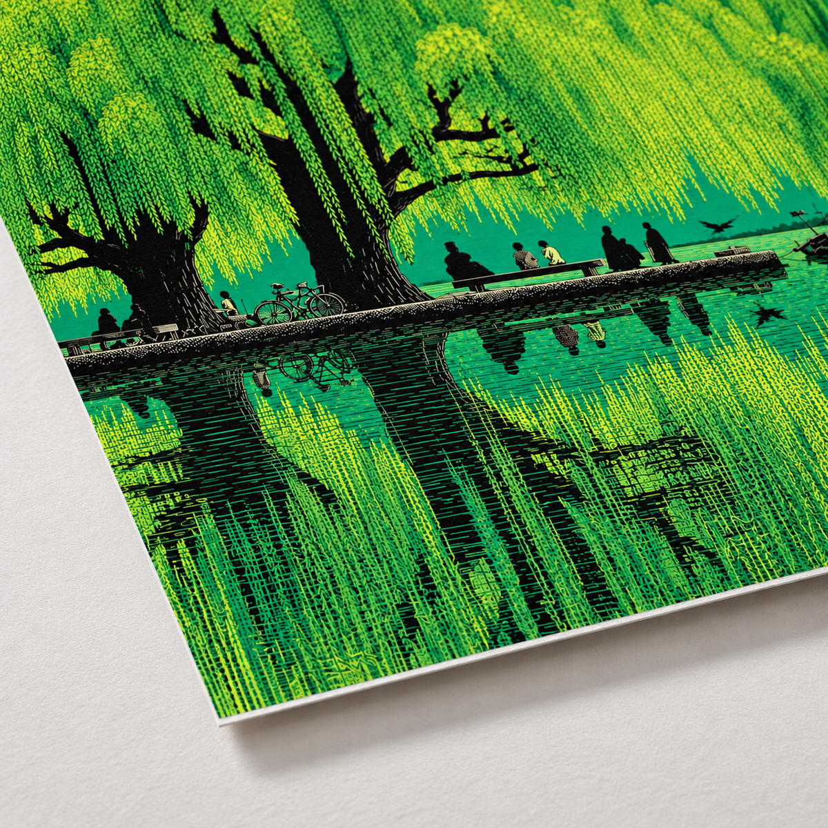 Weeping Willow Lake Green Landscape Canvas Wall Art - canvas detail view 12