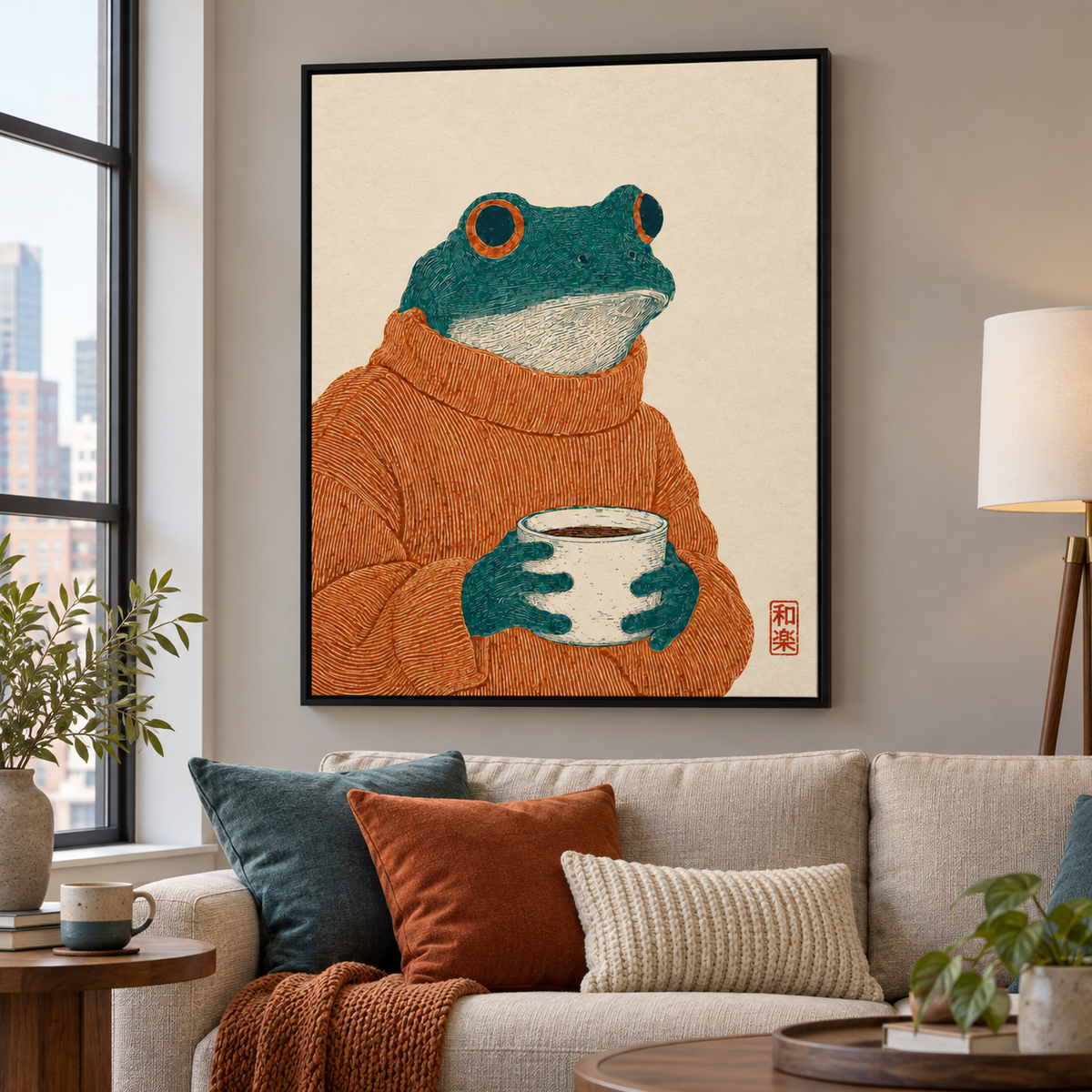Cozy Frog with Coffee Canvas Wall Art