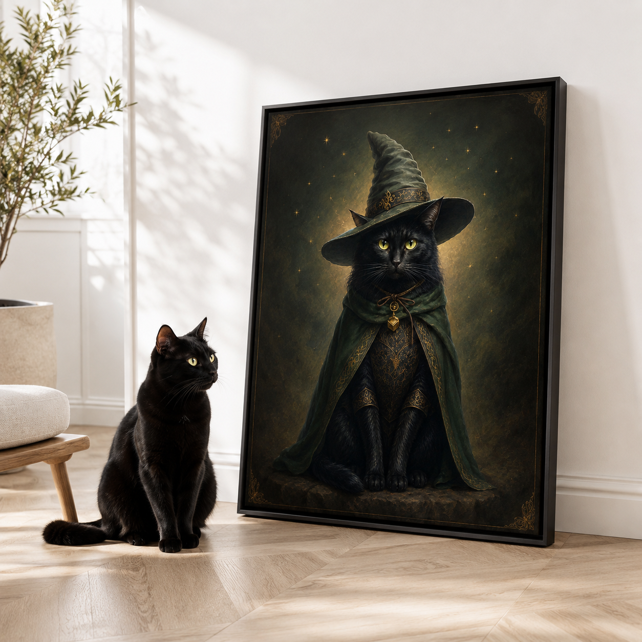 Custom Black Cat Witch Portrait Canvas Wall Art