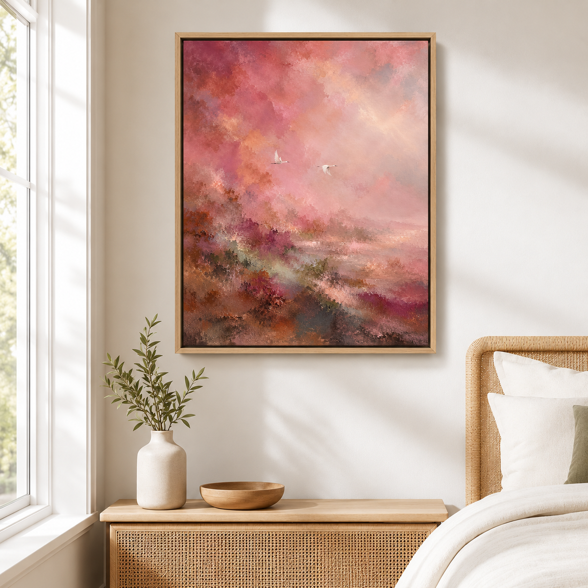 Blush Pink Abstract Landscape with Cranes Canvas Wall Art
