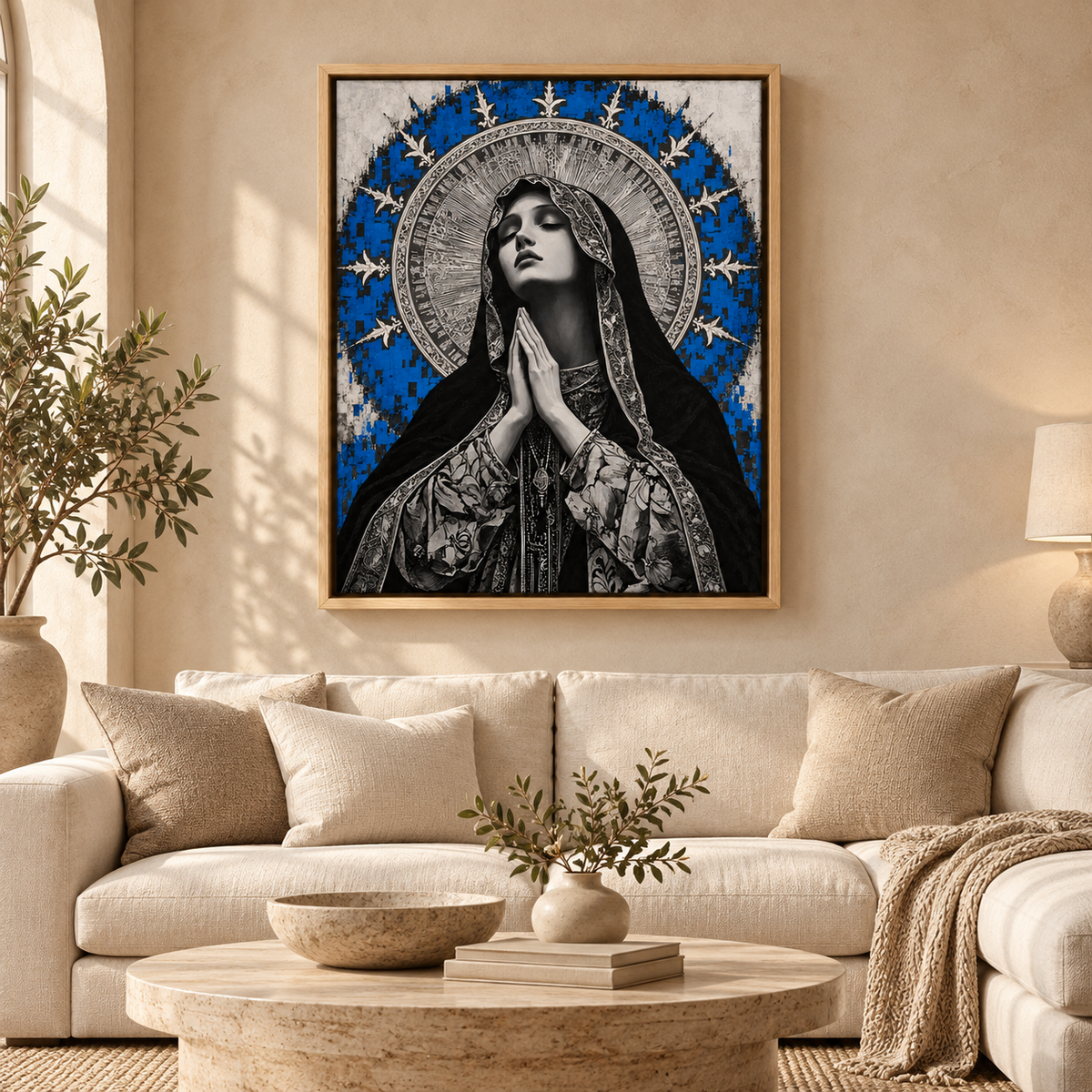 Blue Madonna Prayer Canvas Wall Art - lifestyle room mockup