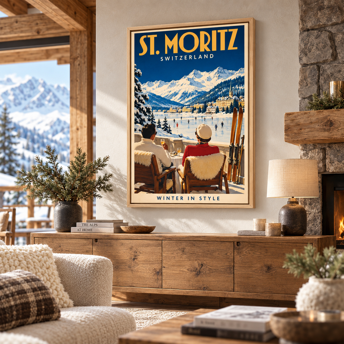 St. Moritz Vintage Ski Canvas Wall Art - lifestyle room mockup