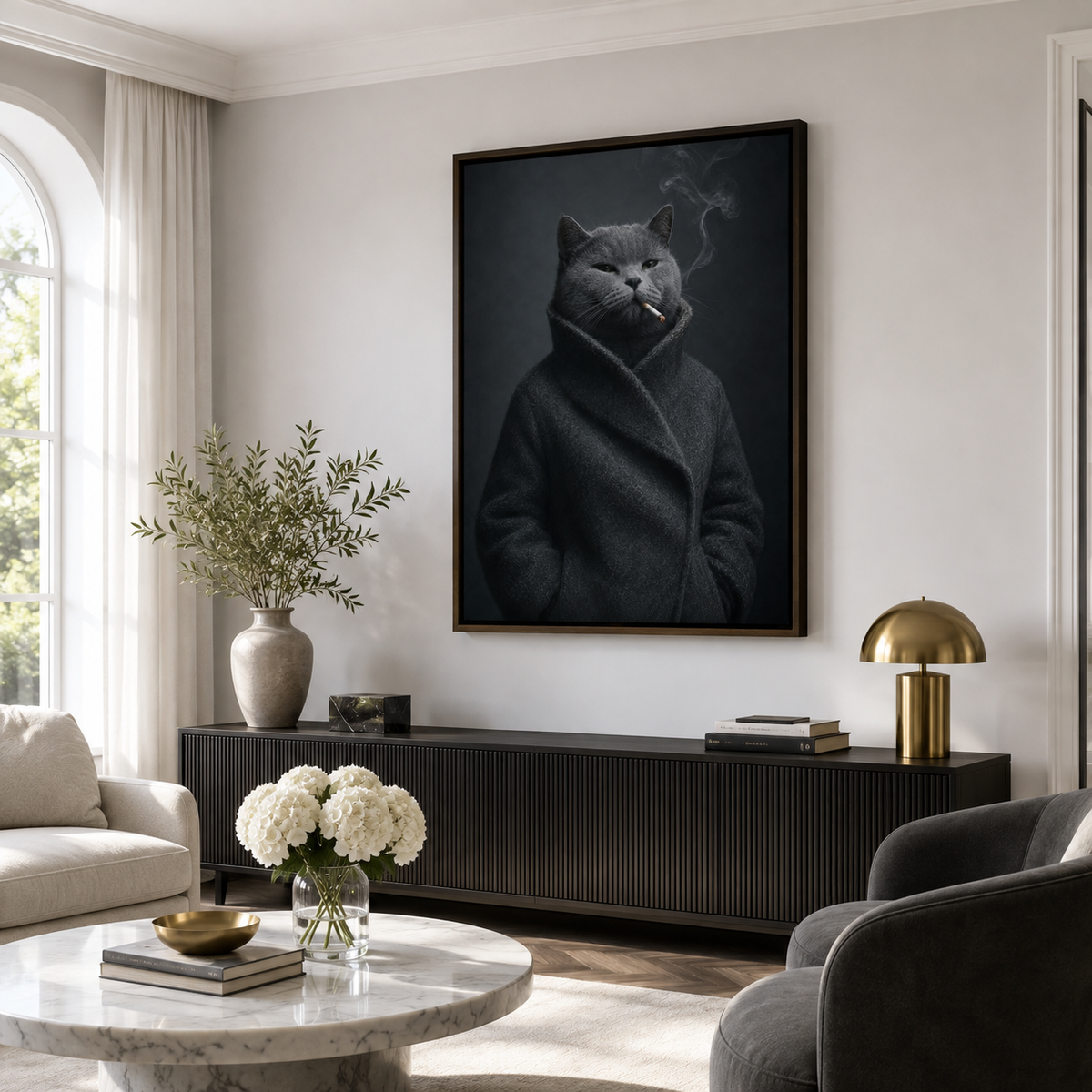 Custom Moody Gray Cat Portrait Canvas Wall Art