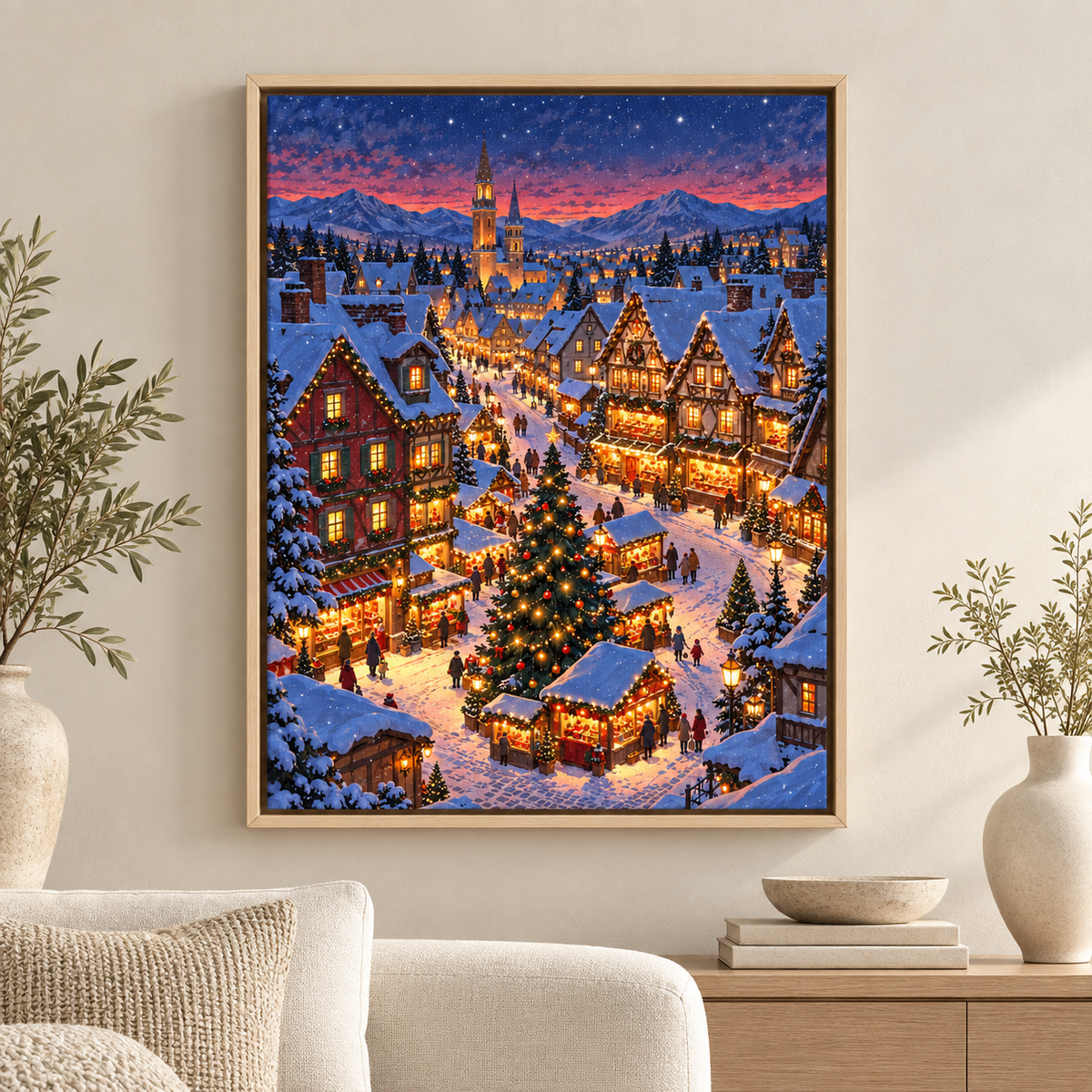 Snowy Alpine Christmas Market Village Canvas Wall Art - main canvas artwork
