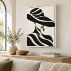 Black and Cream Woman in Wide-Brim Hat Canvas Wall Art