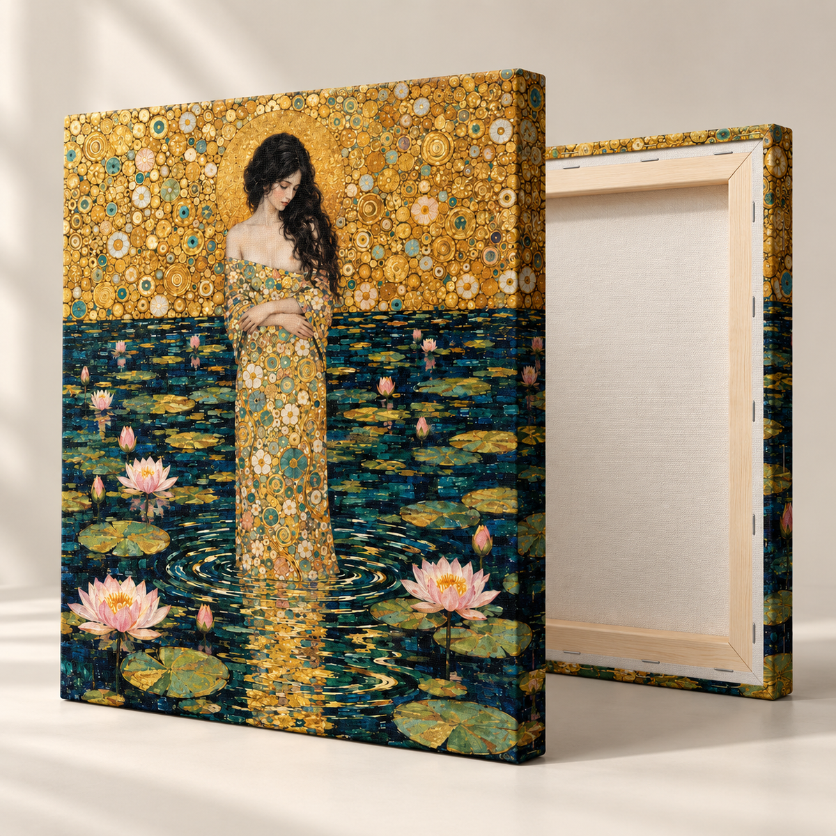 Golden Lotus Woman Art Nouveau Canvas Wall Art - canvas close-up detail