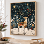 Christmas Reindeer in Snowy Village Canvas Wall Art - framed display