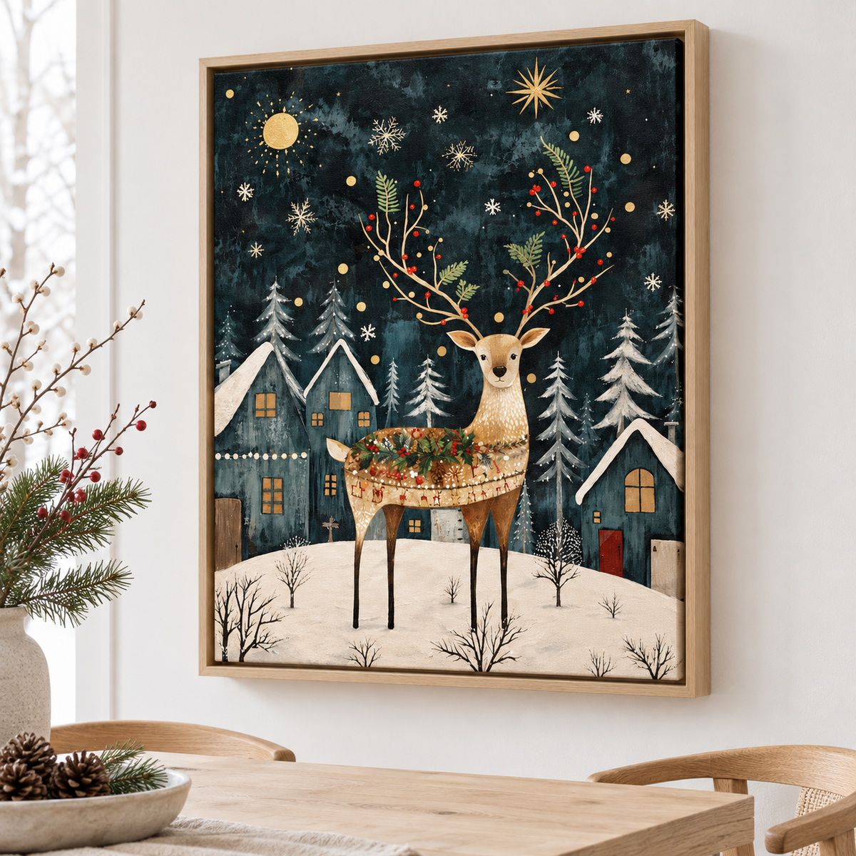 Christmas Reindeer in Snowy Village Canvas Wall Art - framed display