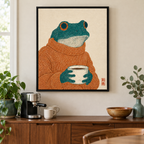 Cozy Frog with Coffee Canvas Wall Art