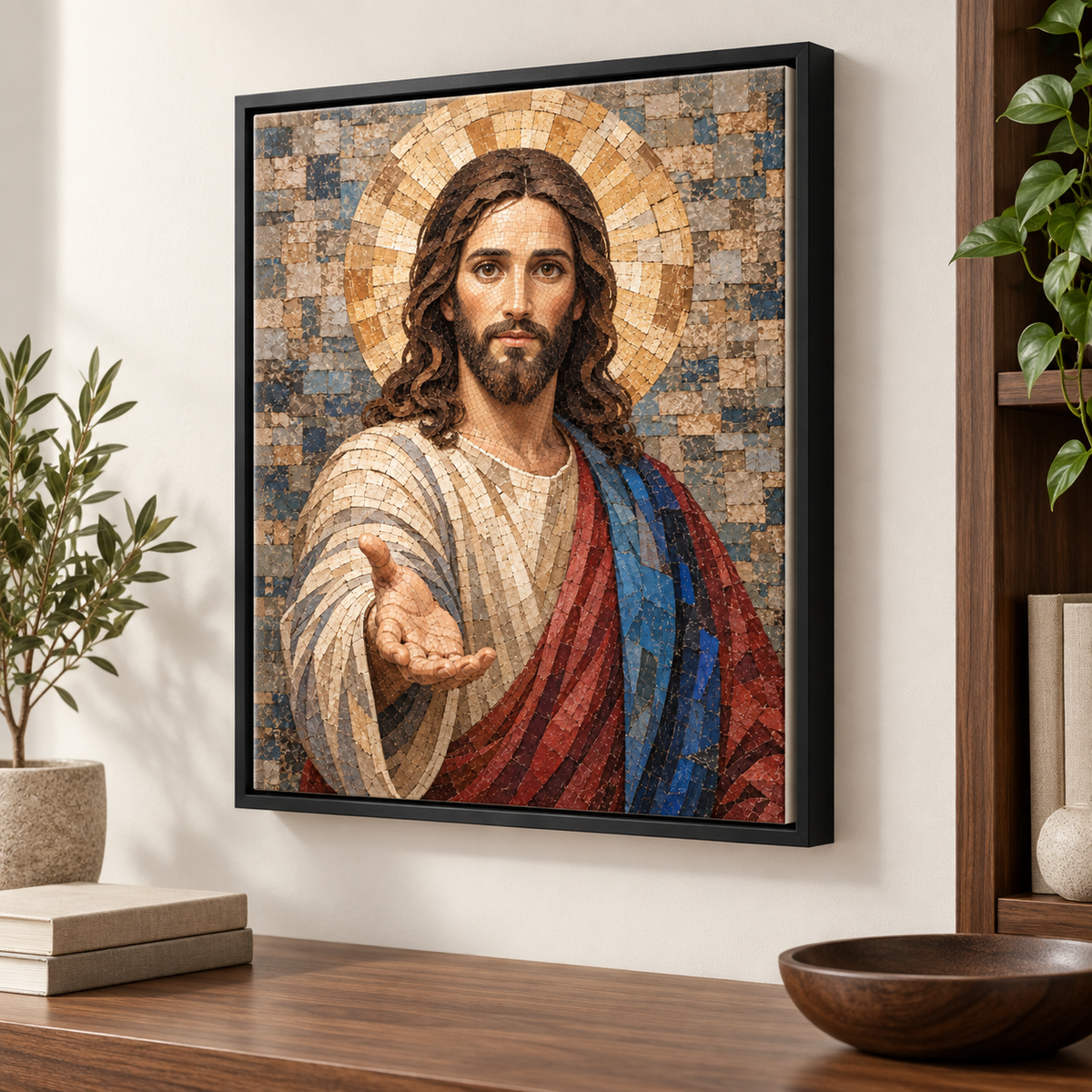 Jesus Christ Blue and Gold Mosaic Canvas Wall Art - lifestyle room mockup