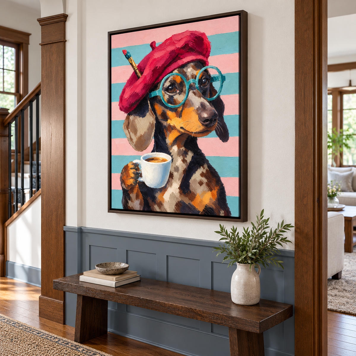 Funny Dachshund Artist with Coffee Canvas Wall Art