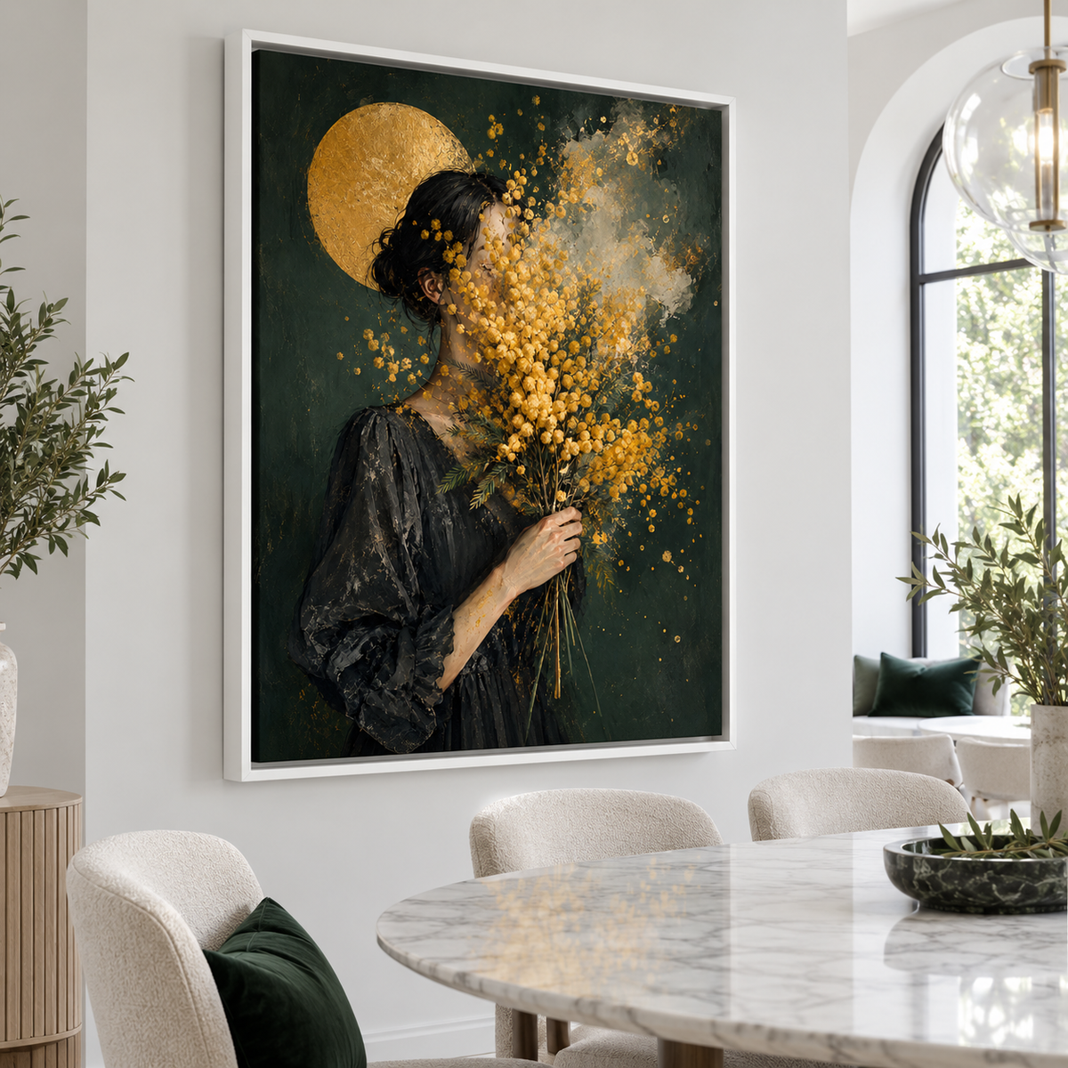 Woman with Golden Flowers Portrait Canvas Wall Art - canvas detail view 7
